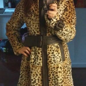 Bebe leopard fur coat with leather belt